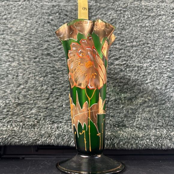 c1890 Moser Emerald Green Vase Gold Gilding Ruffle Top - Picture 2 of 11